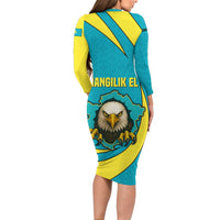 Kazakhstan National Flag Family Matching Long Sleeve Bodycon Dress and Hawaiian Shirt with Mangilik El Bald Eagle and Blue Tribal Pattern