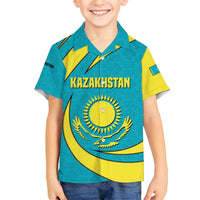 Kazakhstan National Flag Family Matching Long Sleeve Bodycon Dress and Hawaiian Shirt with Mangilik El Bald Eagle and Blue Tribal Pattern