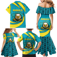 Kazakhstan National Flag Family Matching Mermaid Dress and Hawaiian Shirt with Mangilik El Bald Eagle and Blue Tribal Pattern