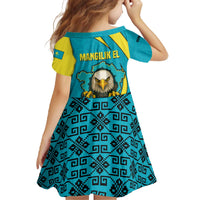 Kazakhstan National Flag Family Matching Off The Shoulder Long Sleeve Dress and Hawaiian Shirt with Mangilik El Bald Eagle and Blue Tribal Pattern