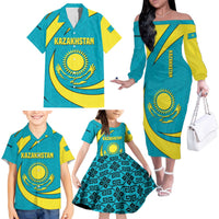 Kazakhstan National Flag Family Matching Off The Shoulder Long Sleeve Dress and Hawaiian Shirt with Mangilik El Bald Eagle and Blue Tribal Pattern