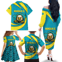 Kazakhstan National Flag Family Matching Off The Shoulder Long Sleeve Dress and Hawaiian Shirt with Mangilik El Bald Eagle and Blue Tribal Pattern