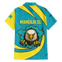 Kazakhstan National Flag Family Matching Off The Shoulder Long Sleeve Dress and Hawaiian Shirt with Mangilik El Bald Eagle and Blue Tribal Pattern