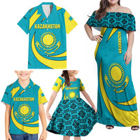 Kazakhstan National Flag Family Matching Off Shoulder Maxi Dress and Hawaiian Shirt with Mangilik El Bald Eagle and Blue Tribal Pattern