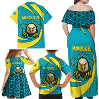 Kazakhstan National Flag Family Matching Off Shoulder Maxi Dress and Hawaiian Shirt with Mangilik El Bald Eagle and Blue Tribal Pattern