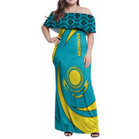 Kazakhstan National Flag Family Matching Off Shoulder Maxi Dress and Hawaiian Shirt with Mangilik El Bald Eagle and Blue Tribal Pattern
