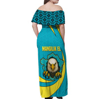 Kazakhstan National Flag Family Matching Off Shoulder Maxi Dress and Hawaiian Shirt with Mangilik El Bald Eagle and Blue Tribal Pattern