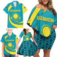 Kazakhstan National Flag Family Matching Off Shoulder Short Dress and Hawaiian Shirt with Mangilik El Bald Eagle and Blue Tribal Pattern