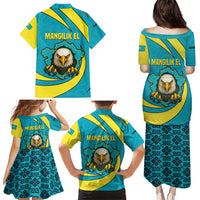 Kazakhstan National Flag Family Matching Puletasi and Hawaiian Shirt with Mangilik El Bald Eagle and Blue Tribal Pattern