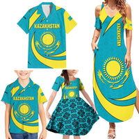 Kazakhstan National Flag Family Matching Summer Maxi Dress and Hawaiian Shirt with Mangilik El Bald Eagle and Blue Tribal Pattern