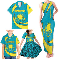 Kazakhstan National Flag Family Matching Tank Maxi Dress and Hawaiian Shirt with Mangilik El Bald Eagle and Blue Tribal Pattern