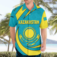 Kazakhstan National Flag Hawaiian Shirt with Mangilik El Bald Eagle and Blue Tribal Pattern