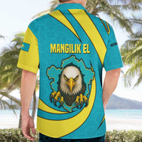 Kazakhstan National Flag Hawaiian Shirt with Mangilik El Bald Eagle and Blue Tribal Pattern