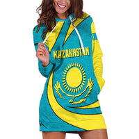 Kazakhstan National Flag Hoodie Dress with Mangilik El Bald Eagle and Blue Tribal Pattern