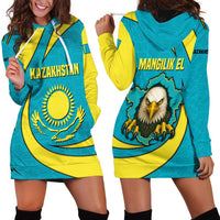 Kazakhstan National Flag Hoodie Dress with Mangilik El Bald Eagle and Blue Tribal Pattern