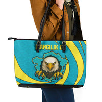 Kazakhstan National Flag Leather Tote Bag with Mangilik El Bald Eagle and Blue Tribal Pattern