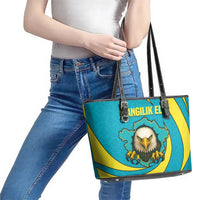 Kazakhstan National Flag Leather Tote Bag with Mangilik El Bald Eagle and Blue Tribal Pattern