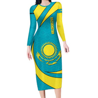 Kazakhstan National Flag Long Sleeve Bodycon Dress with Mangilik El Bald Eagle and Blue Tribal Pattern