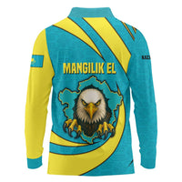 Kazakhstan National Flag Long Sleeve Polo Shirt with Mangilik El Bald Eagle and Blue Tribal Pattern