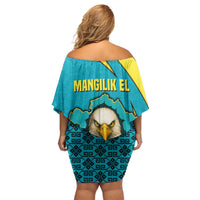 Kazakhstan National Flag Off Shoulder Short Dress with Mangilik El Bald Eagle and Blue Tribal Pattern