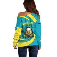 Kazakhstan National Flag Off Shoulder Sweater with Mangilik El Bald Eagle and Blue Tribal Pattern