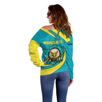 Kazakhstan National Flag Off Shoulder Sweater with Mangilik El Bald Eagle and Blue Tribal Pattern