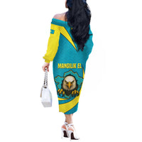 Kazakhstan National Flag Off The Shoulder Long Sleeve Dress with Mangilik El Bald Eagle and Blue Tribal Pattern
