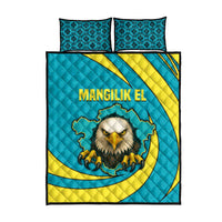 Kazakhstan National Flag Quilt Bed Set with Mangilik El Bald Eagle and Blue Tribal Pattern
