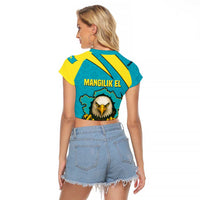 Kazakhstan National Flag Raglan Cropped T Shirt with Mangilik El Bald Eagle and Blue Tribal Pattern