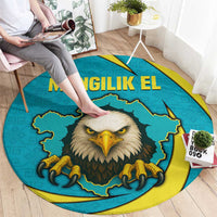 Kazakhstan National Flag Round Carpet with Mangilik El Bald Eagle and Blue Tribal Pattern