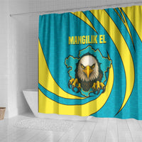Kazakhstan National Flag Shower Curtain with Mangilik El Bald Eagle and Blue Tribal Pattern