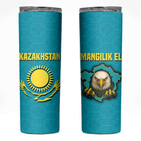 Kazakhstan National Flag Skinny Tumbler with Mangilik El Bald Eagle and Blue Tribal Pattern