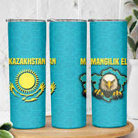 Kazakhstan National Flag Skinny Tumbler with Mangilik El Bald Eagle and Blue Tribal Pattern