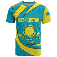 Kazakhstan National Flag T Shirt with Mangilik El Bald Eagle and Blue Tribal Pattern
