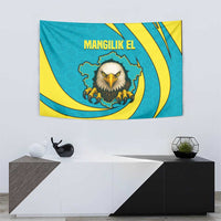 Kazakhstan National Flag Tapestry with Mangilik El Bald Eagle and Blue Tribal Pattern