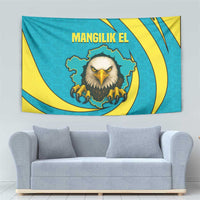 Kazakhstan National Flag Tapestry with Mangilik El Bald Eagle and Blue Tribal Pattern
