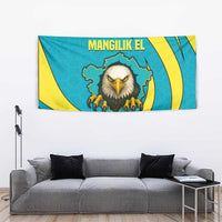 Kazakhstan National Flag Tapestry with Mangilik El Bald Eagle and Blue Tribal Pattern