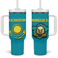 Kazakhstan National Flag Tumbler With Handle with Mangilik El Bald Eagle and Blue Tribal Pattern