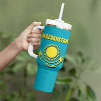 Kazakhstan National Flag Tumbler With Handle with Mangilik El Bald Eagle and Blue Tribal Pattern