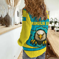 Kazakhstan National Flag Women Casual Shirt with Mangilik El Bald Eagle and Blue Tribal Pattern