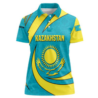 Kazakhstan National Flag Women Polo Shirt with Mangilik El Bald Eagle and Blue Tribal Pattern