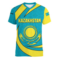 Kazakhstan National Flag Women V-Neck T-Shirt with Mangilik El Bald Eagle and Blue Tribal Pattern