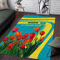 Kazakhstan National Flag Area Rug with Red Tulip Bloom and Blue Yellow Ethnic Motif