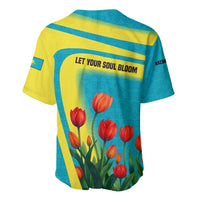 Kazakhstan National Flag Baseball Jersey with Red Tulip Bloom and Blue Yellow Ethnic Motif