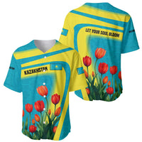 Kazakhstan National Flag Baseball Jersey with Red Tulip Bloom and Blue Yellow Ethnic Motif