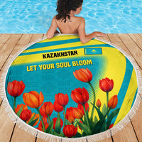 Kazakhstan National Flag Beach Blanket with Red Tulip Bloom and Blue Yellow Ethnic Motif