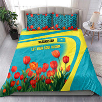 Kazakhstan National Flag Bedding Set with Red Tulip Bloom and Blue Yellow Ethnic Motif