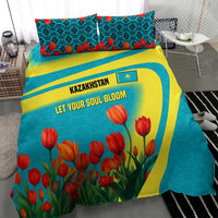Kazakhstan National Flag Bedding Set with Red Tulip Bloom and Blue Yellow Ethnic Motif
