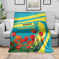 Kazakhstan National Flag Blanket with Red Tulip Bloom and Blue Yellow Ethnic Motif