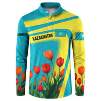 Kazakhstan National Flag Button Sweatshirt with Red Tulip Bloom and Blue Yellow Ethnic Motif